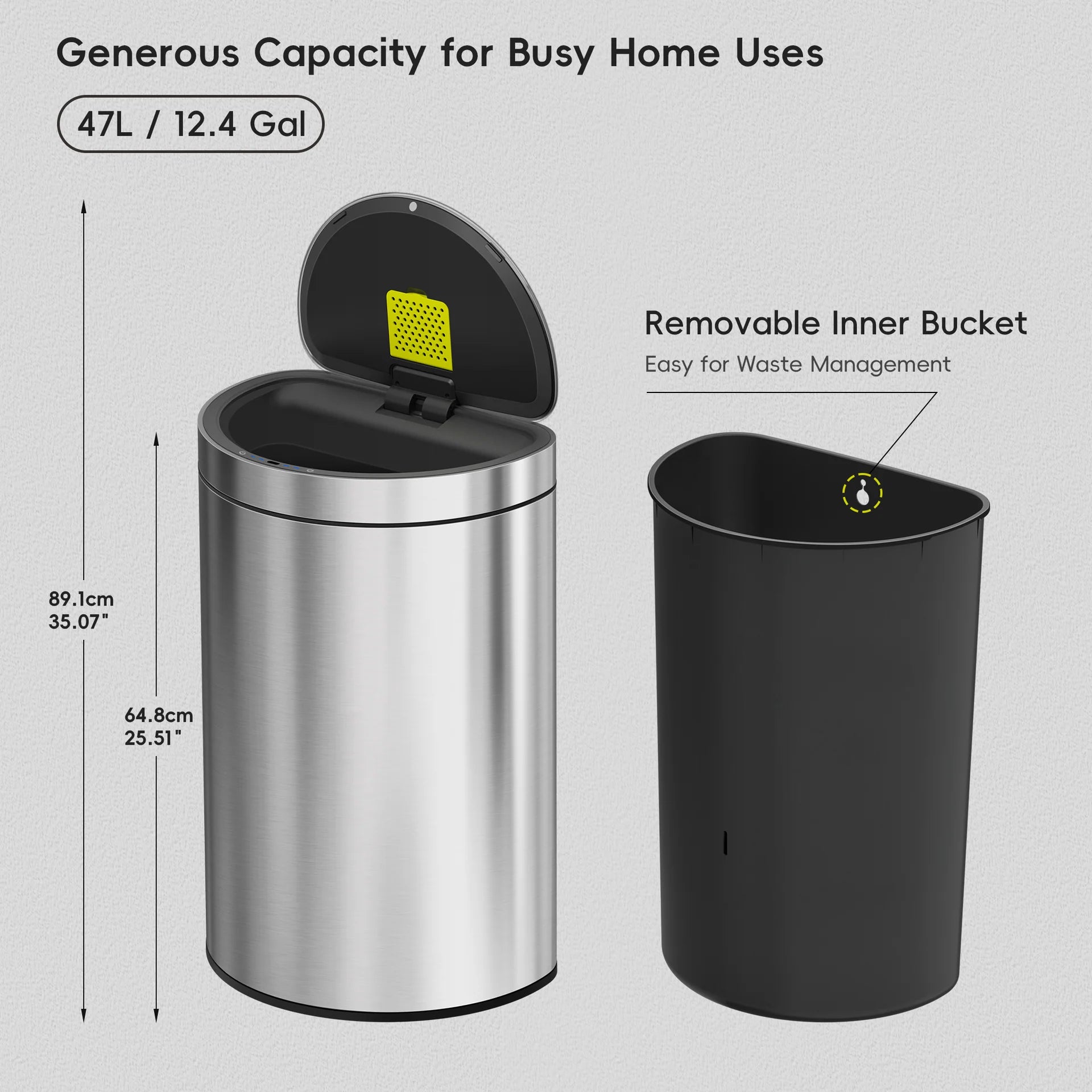 EKO Mirage Semi-Round Motion Sensor Trash Can, 47 Liter / 12.4 Gallon